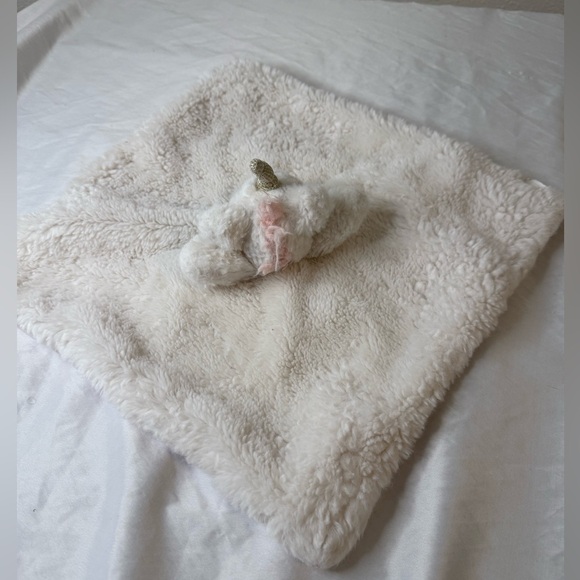 Mud Pie Lovey Unicorn Gold Horn Off White Fur Plush Pink Under Security Blanket - Picture 8 of 12